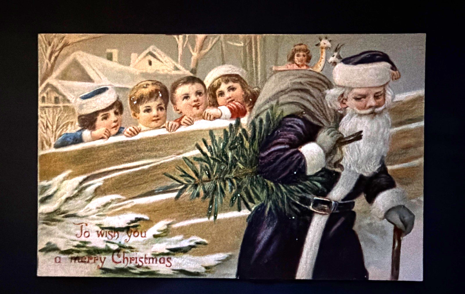 Purple Robe~Santa Claus with Children~Tree~Toys~Antique Christmas Postcard~s637