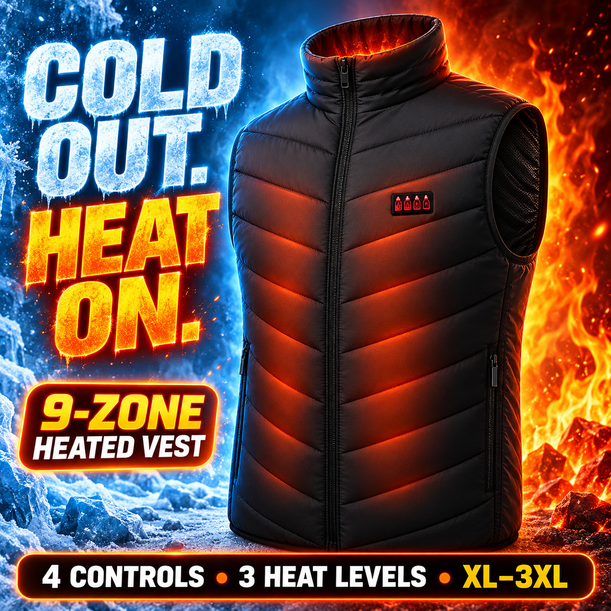 Men\'s 9-Zone USB Heated Vest Black 3 Heat Settings Thermal Gilet XL-3XL