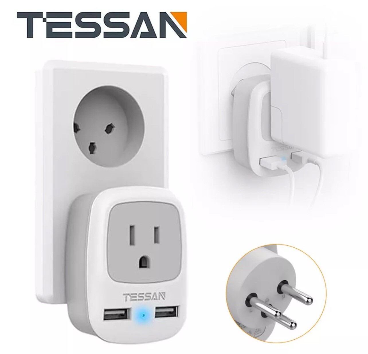 Israel USA Power Adapter, 3 Prong Grounded Travel Plug Adaptor with 2 USB,Type H Israel USA Power Adapter, 3 Prong Grounded Travel Plug Adaptor with 2 USB,Type H
