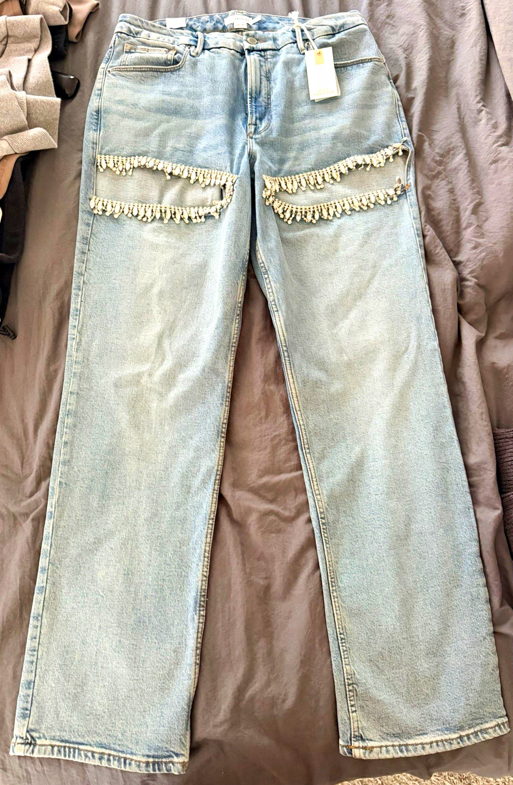 Good American Good Icon Straight Jeans High Rise Light Wash Blue Beaded 12