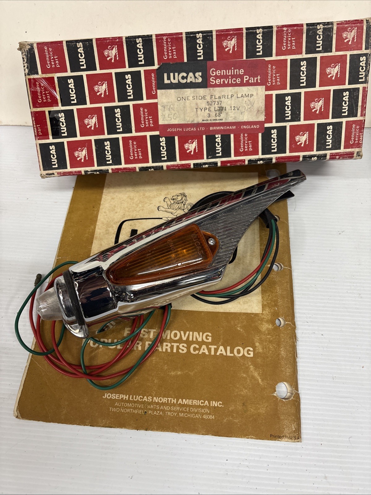 Triumph TR4A TR250 NOS Front LH Marker Lamp Assembly / Lucas Box Dated 3/1968