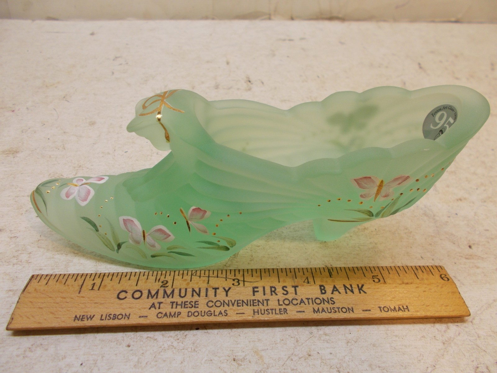 VTG fenton hand painted green satin glass slipper shoe VTG fenton hand painted green satin glass slipper shoe