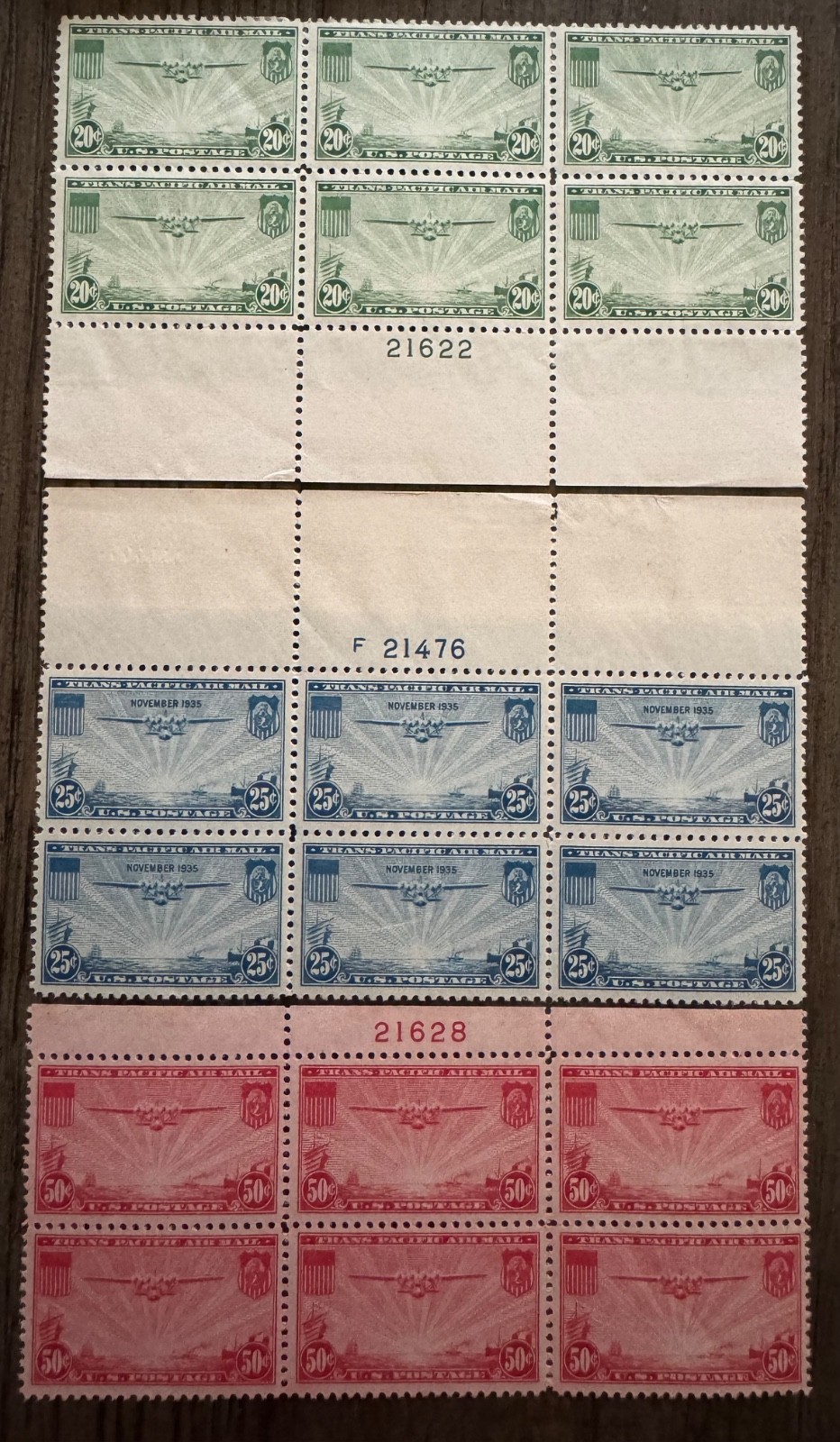 US Airmail China Clipper Plate Blocks of 6 Scott C20 C21 C22 MNH | Lot # Z133