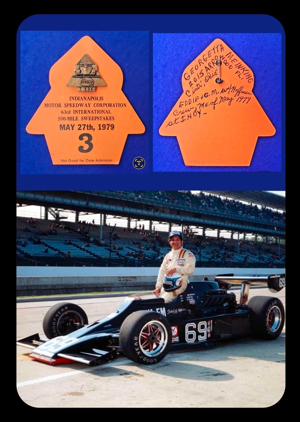 1979 Indy 500 BRONZE #T134 Pit Badge w/BUC #3 - Signed by HOFFMAN RACING CREW