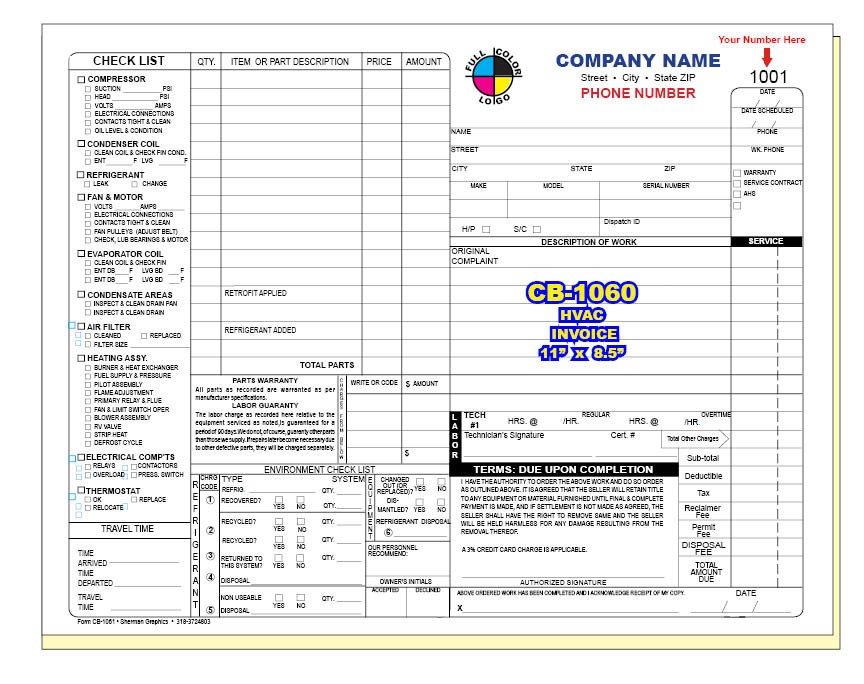 HVAC INVOICE  Custom Printed 2, 3 or 4 Part Carbonless CB-1060