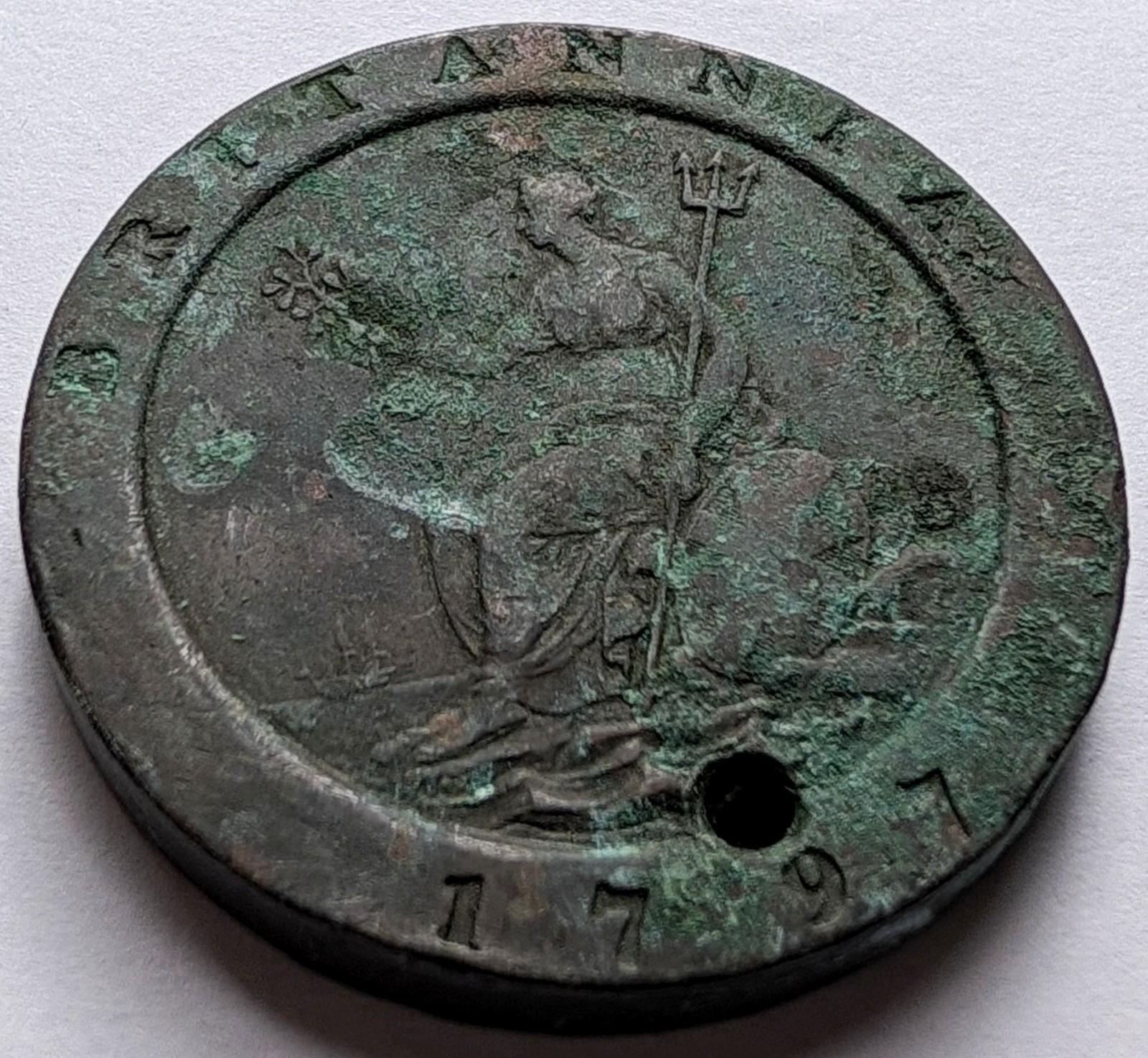 1797 Great Britain Cartwheel Twopence 2 Pence George III Holed Corroded coin