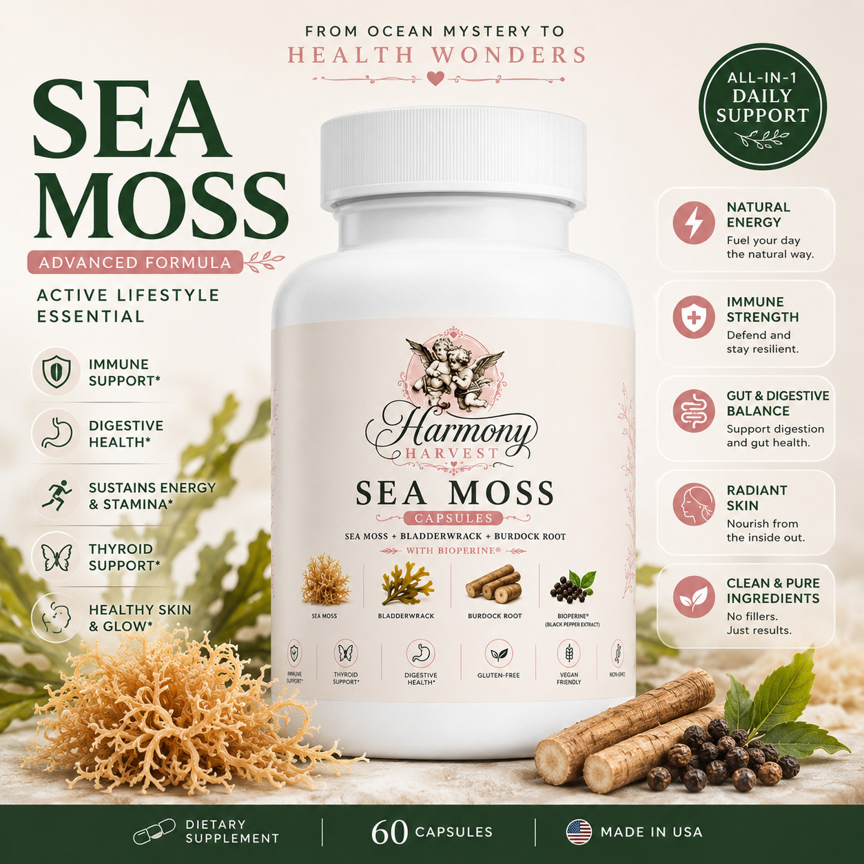 Certified Organic Sea Moss Capsules - Irish Sea Moss Bladderwrack Burdock Root