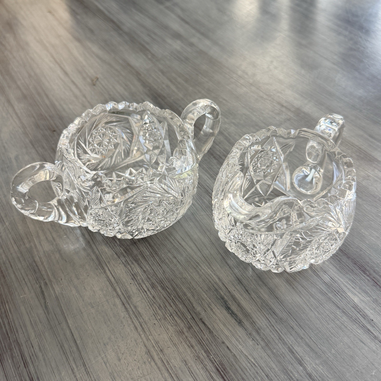 Antique Cut Crystal Creamer Open Sugar Set Hobstar Pinwheel ABP Style