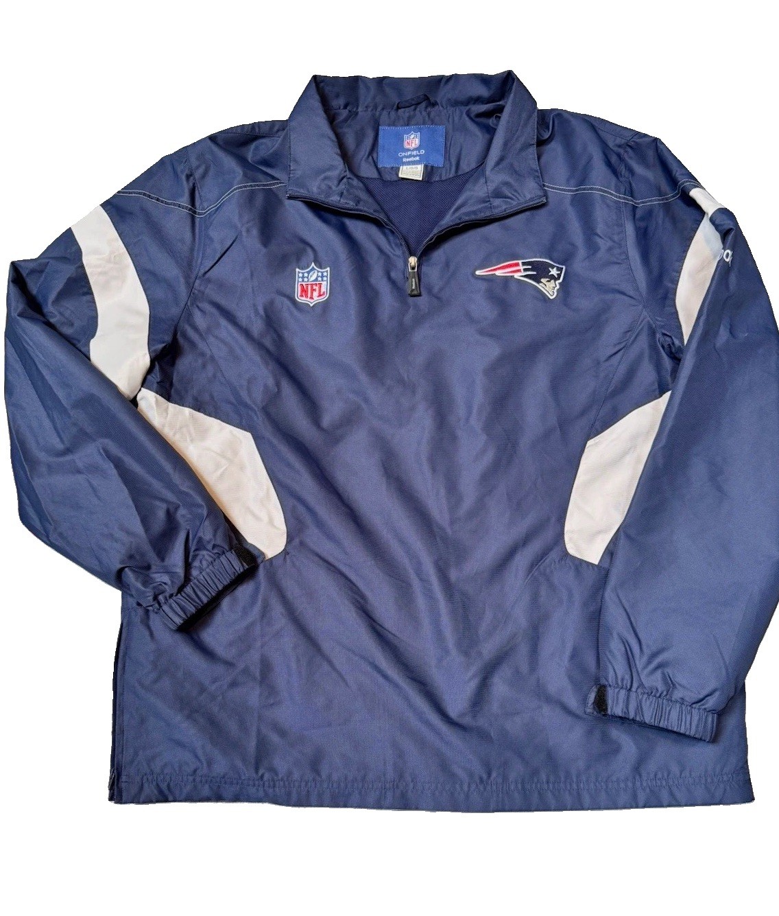 Men’s Reebok OnField NE Patriots NFL Blue Pullover Jacket Windbreaker Size L Men’s Reebok OnField NE Patriots NFL Blue Pullover Jacket Windbreaker Size L