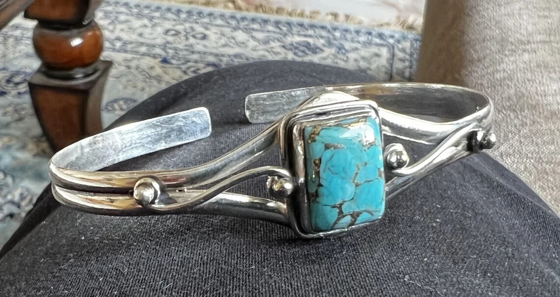 Cuff Bracelet 925 Sterling Silver Handmade Blue Copper Turquoise Gemstone
