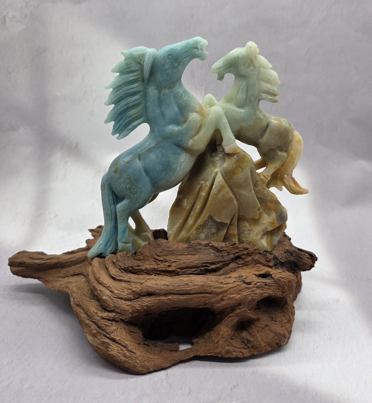Caribbean Calcite Double Horse Carving Custom Wood Stand 2 Lb 2.5 Oz