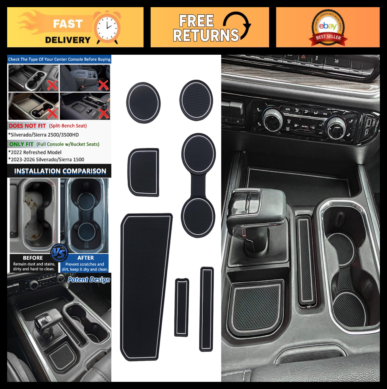 7PCS Gray Console Liners for 2023-2026 Chevy Silverado/GMC Sierra 1500, Non-Slip 7PCS Gray Console Liners for 2023-2026 Chevy Silverado/GMC Sierra 1500, Non-Slip
