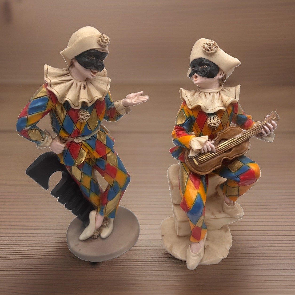 2 Vintage Harlequin Jester Figurines Signed Made In Italy 2 Vintage Harlequin Jester Figurines Signed Made In Italy