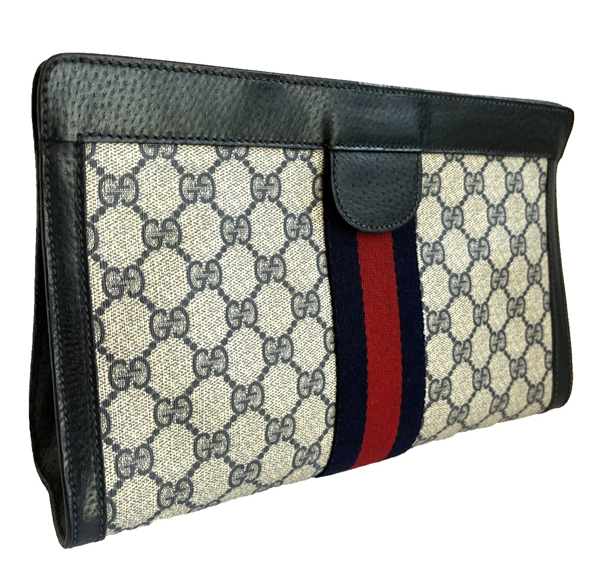Vintage Gucci Sherry Line GG Supreme Clutch Bag Navy PVC From Japan 52 Authentic