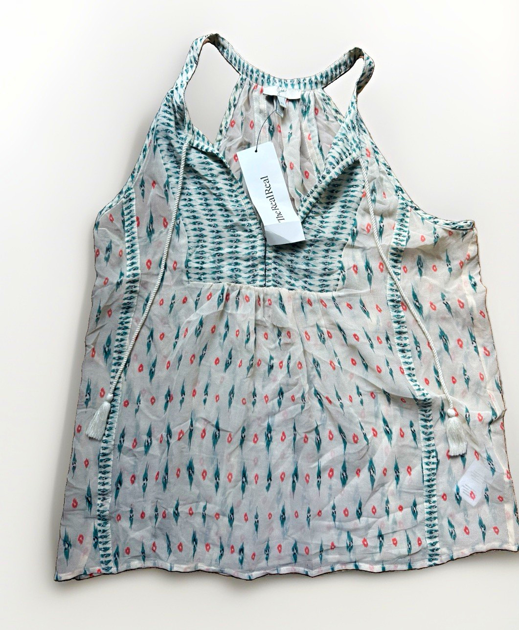 Joie 100% Silk Halter Top XS Ivory Green Ikat Print Tassel