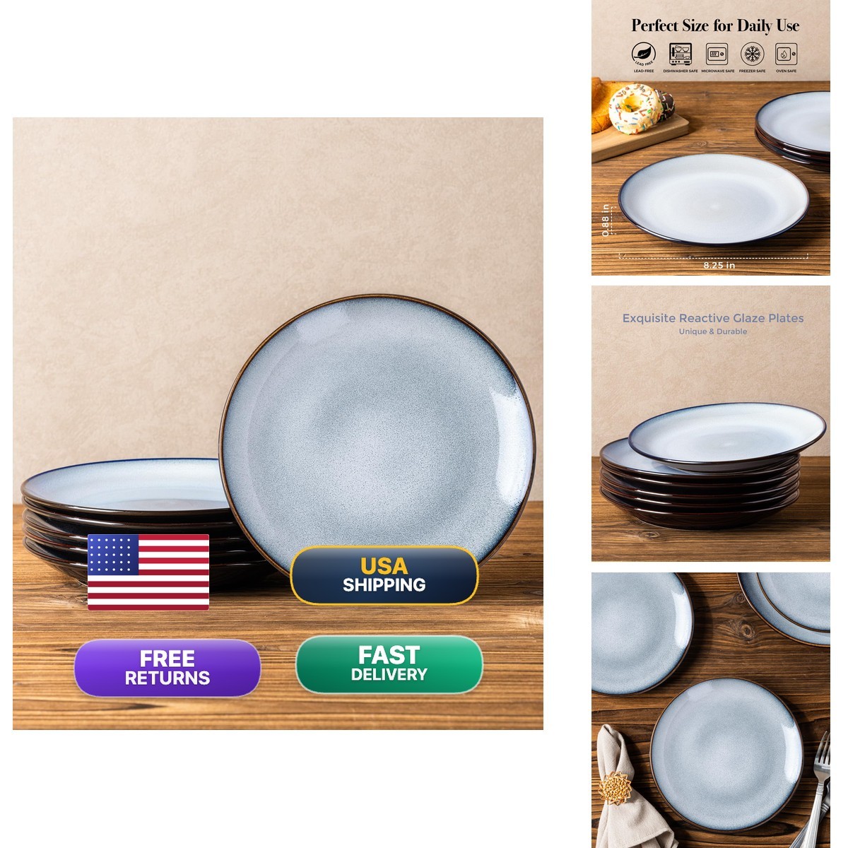LERATIO Ceramic Plate Set of 6, 8.5 Inch Reactive Glaze Salad Plates LERATIO Ceramic Plate Set of 6, 8.5 Inch Reactive Glaze Salad Plates