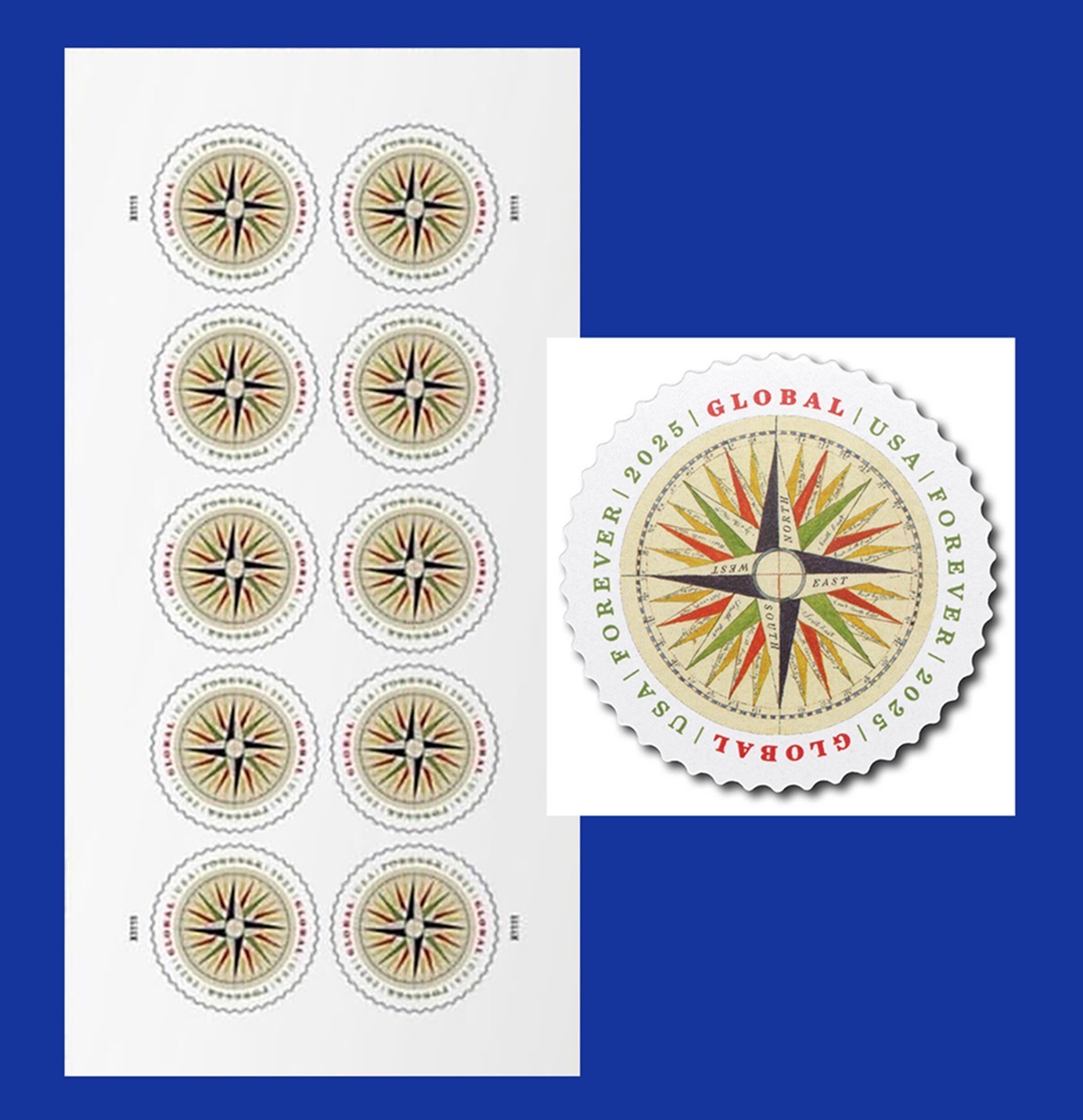 Sale,2025 Compass Rose Global Forever Stamps Scott#5956,10 Panes 100Pcs US MNH