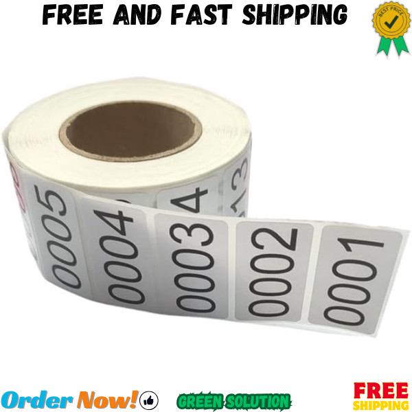 0001-1000 Count Inventory Numbered Stickers Roll, Self 1.6 x 0.8 inch, White