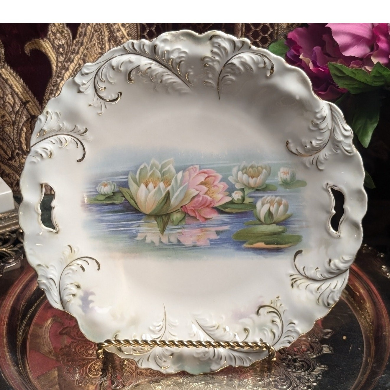 Antique R.S. Prussia Plumes Mold Water Lily Reflection Handled Plate C.1904-1910