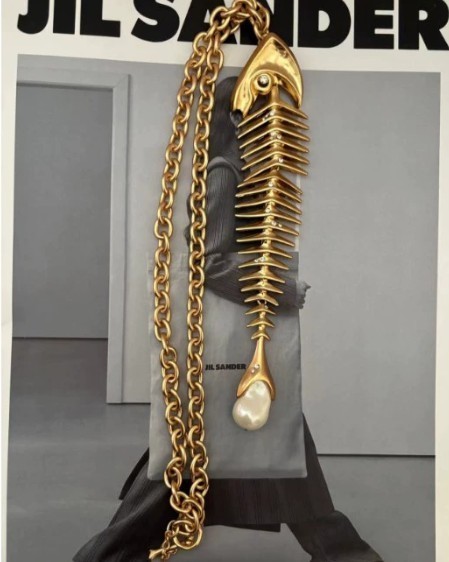 Schiaparelli Gold Toned Fishbone Paired with Baroque Pearl Pendant Necklace Schiaparelli Gold Toned Fishbone Paired with Baroque Pearl Pendant Necklace