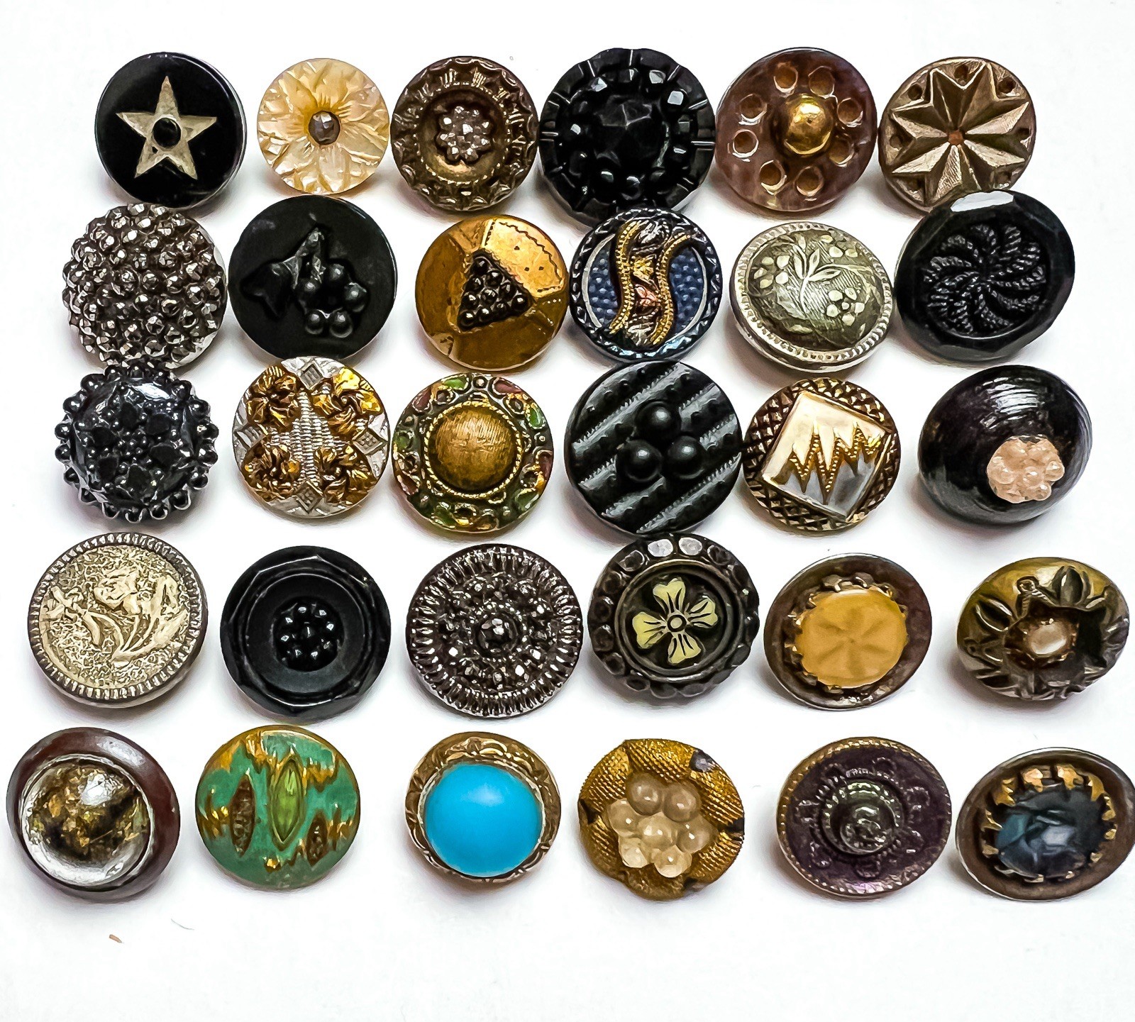 Lovely Victorian Era Buttons Metal MOP Shell Glass Antique Coronet Ivoroid 1/2”