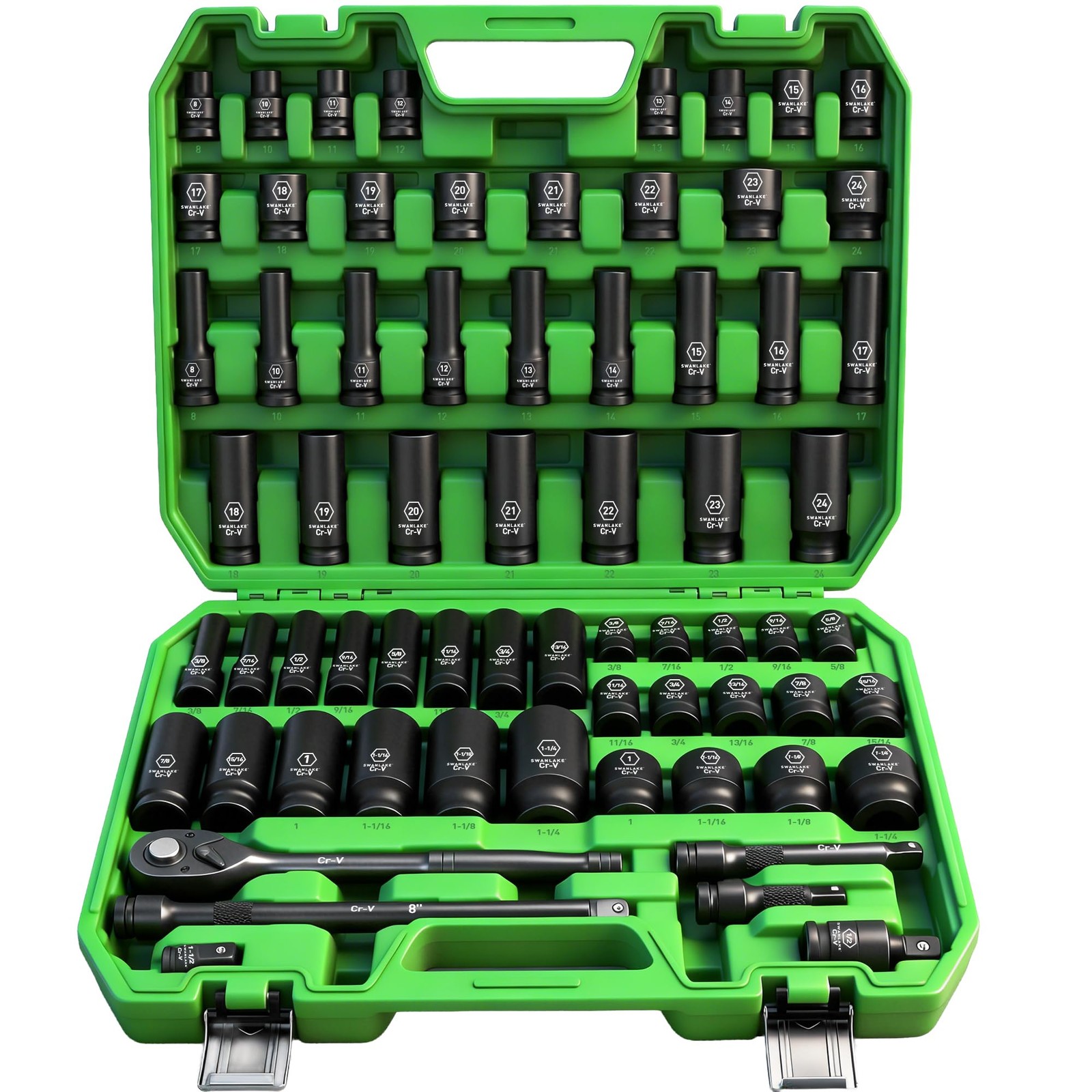 SWANLAKE 66Pc 1/2 Drive Impact Socket Set SAE Metric Deep Shallow Case Storage