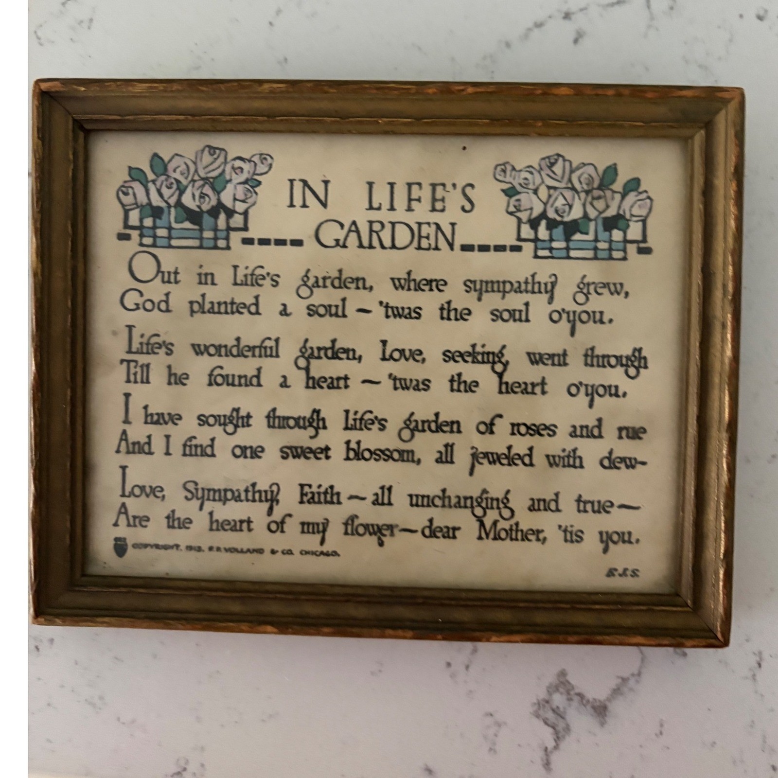Vintage 1913 PF Volland In Life\'s Garden Framed Poem Mother Antique Wall Art