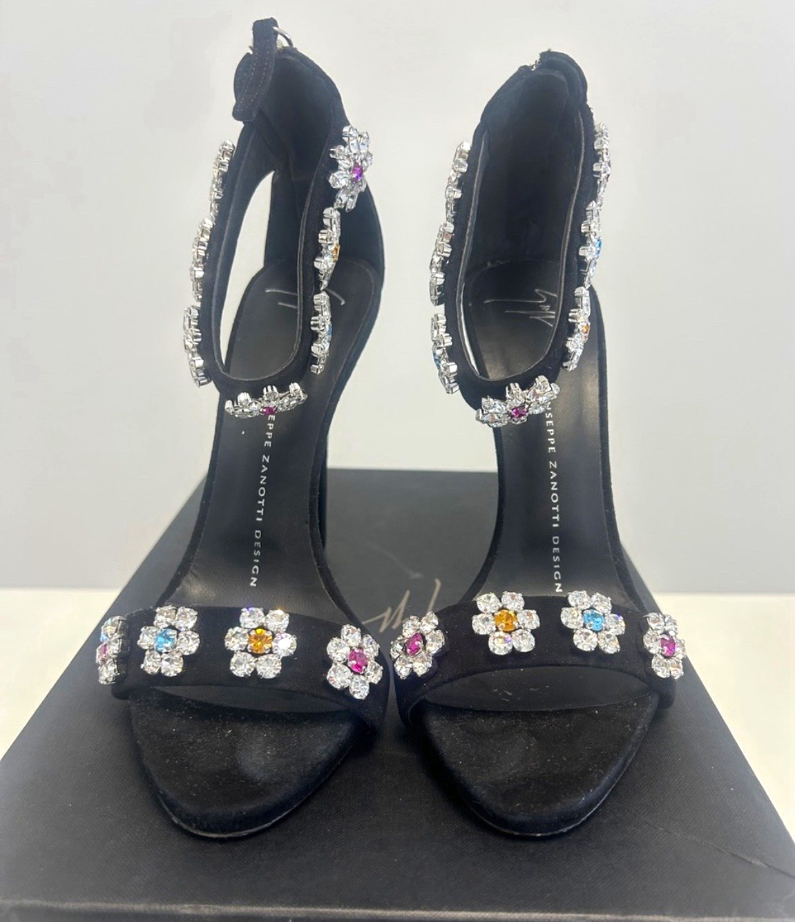 Giuseppe Zanotti Design Black Suede Rhinestone Strappy Open Toe Heels 37.5 Giuseppe Zanotti Design Black Suede Rhinestone Strappy Open Toe Heels 37.5