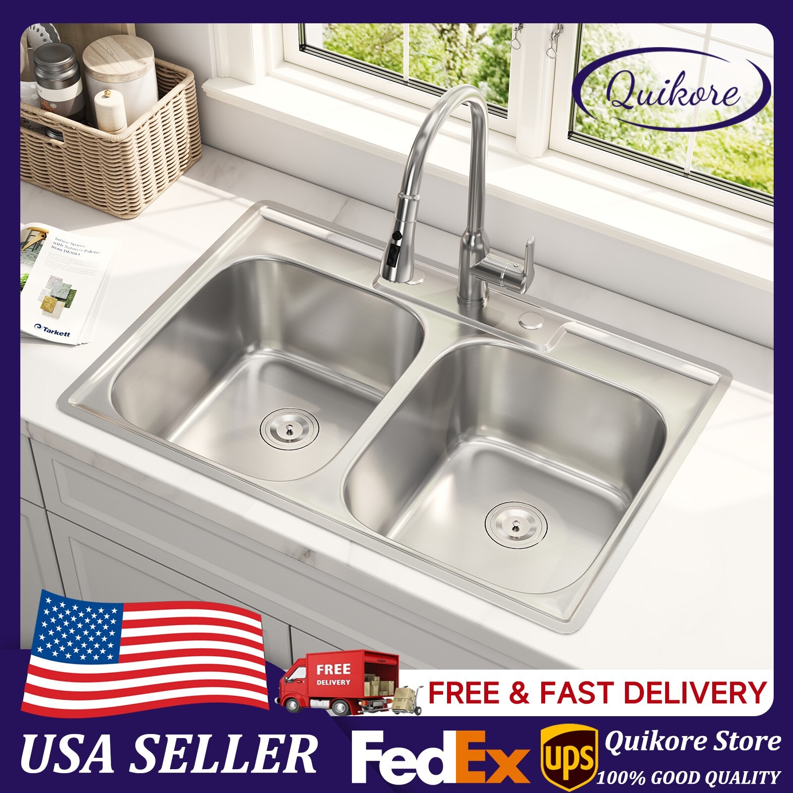 Quikore 33x22 Drop In Double Bowl Kitchen Sink 50/50 Stainless Steel Sinks Quikore 33x22 Drop In Double Bowl Kitchen Sink 50/50 Stainless Steel Sinks