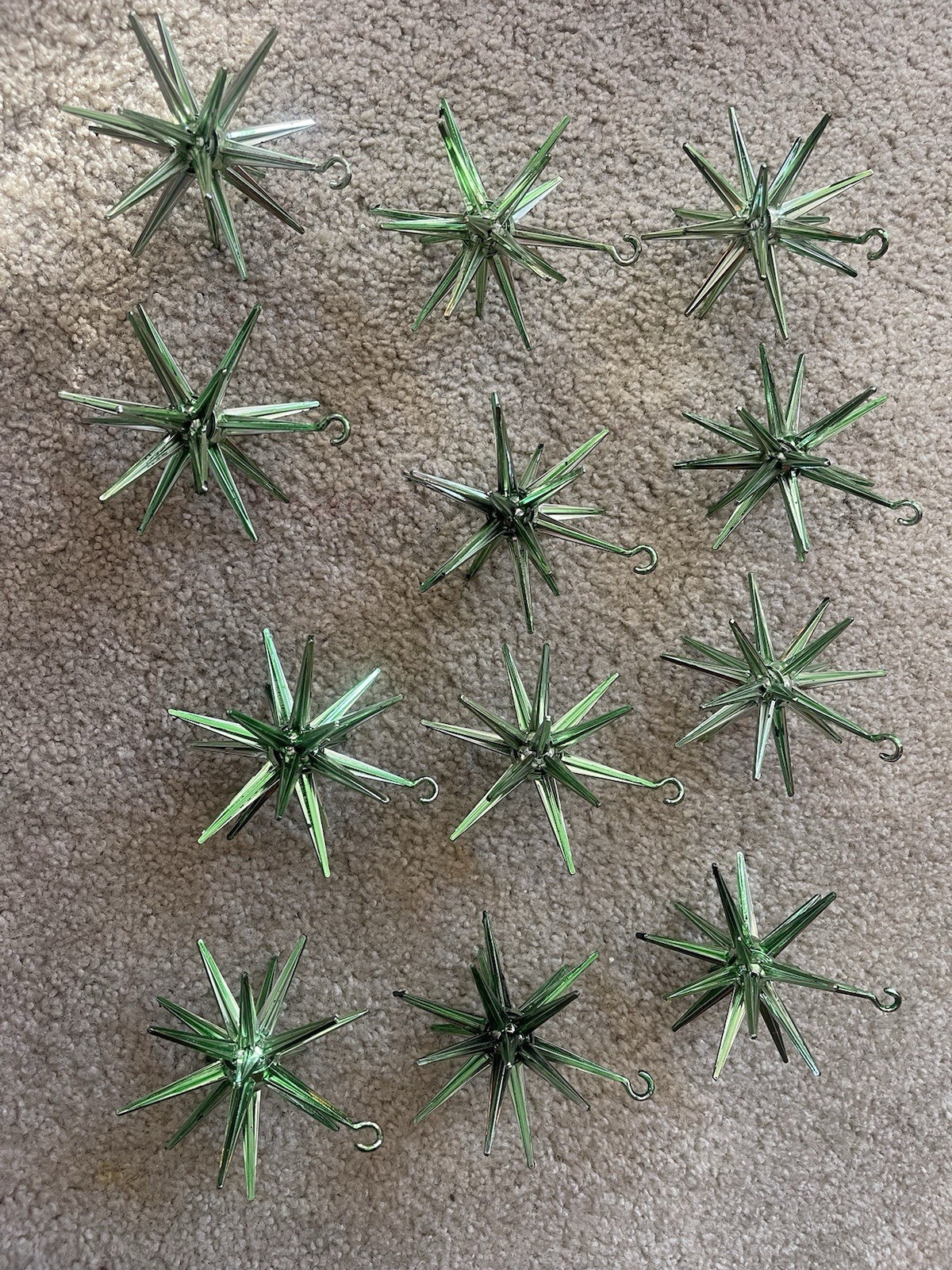 Lot of 12 Vintage MCM Bradford ATOMIC SPUTNIK Metallic Green Star Ornaments Lot of 12 Vintage MCM Bradford ATOMIC SPUTNIK Metallic Green Star Ornaments