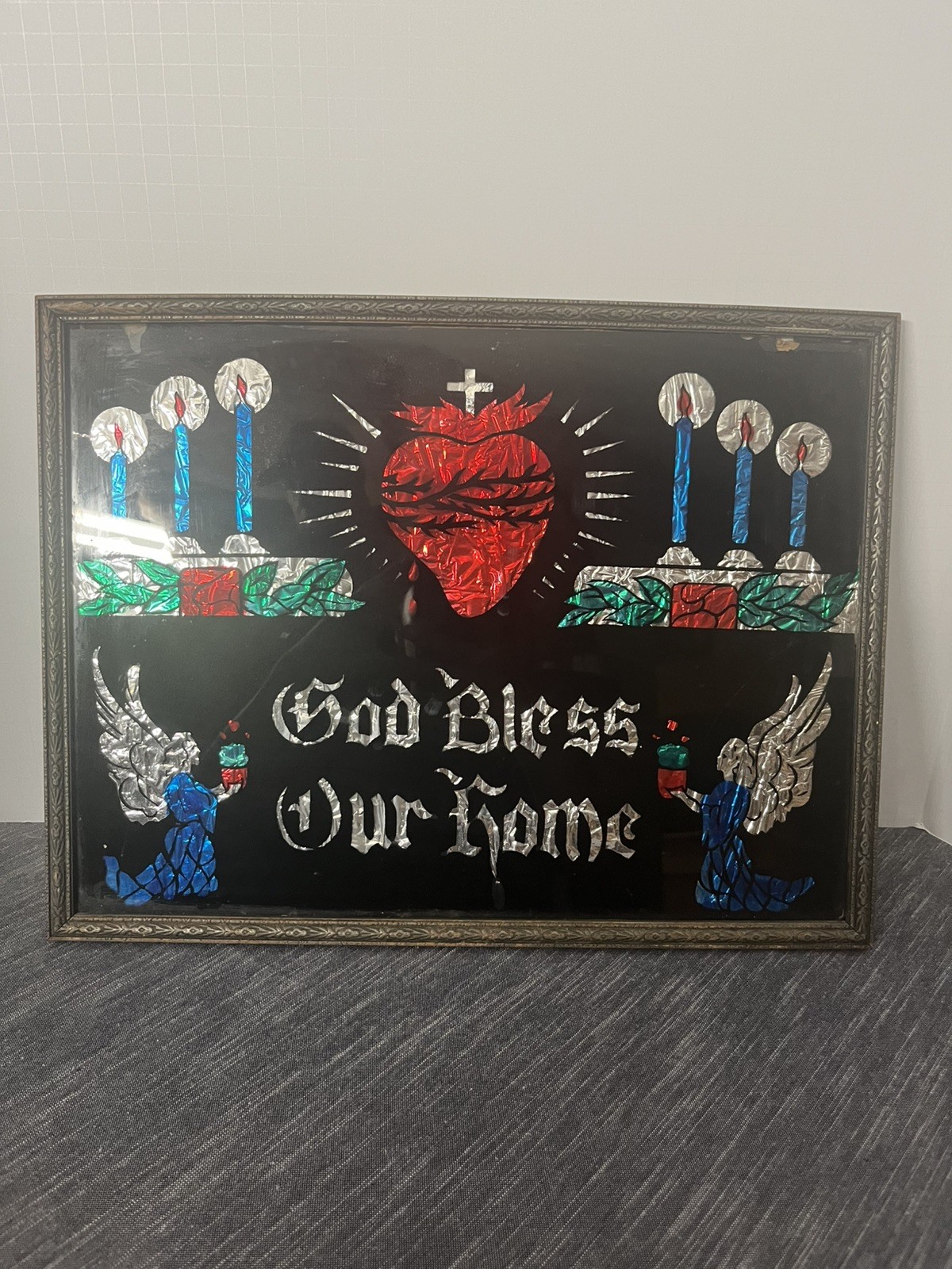 Foil Art Vintage God Bless Our Home Sacred Heart Angels Framed