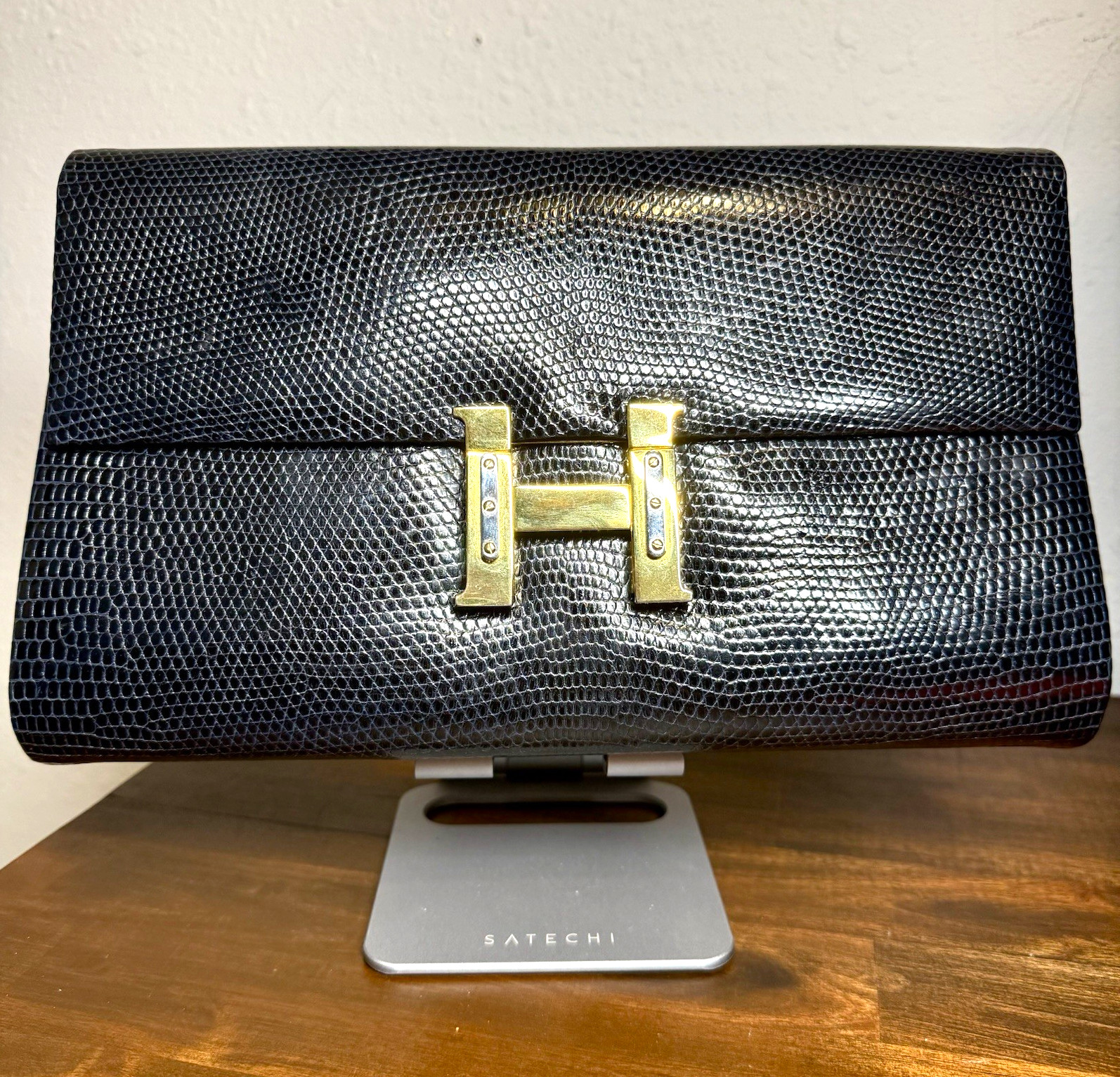 VINTAGE Finesse La Model Lizard Embossed Leather Clutch Bag Gold Art Deco “H”