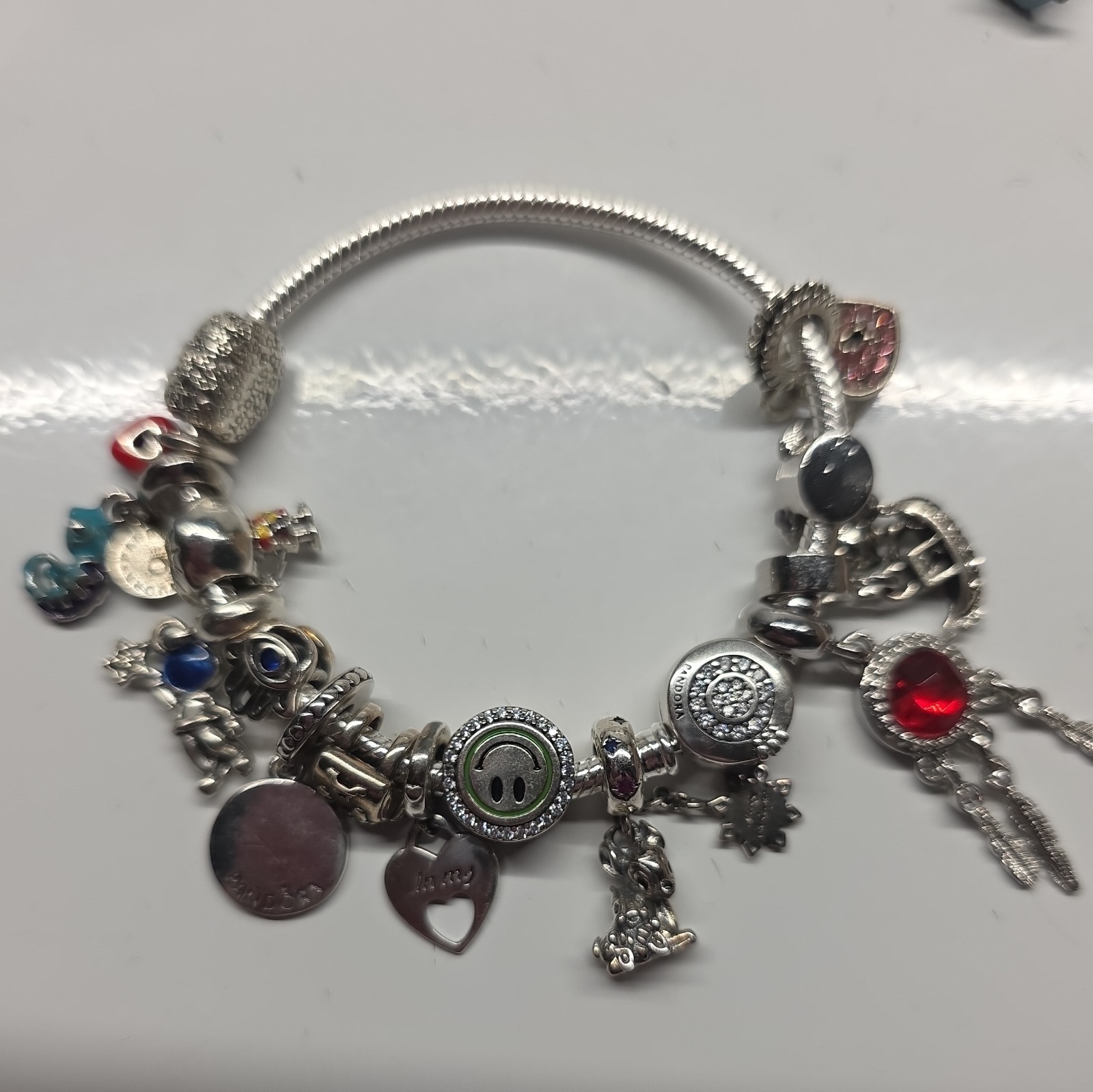 6 -7 inch Silver Tone Snake Chain Charm Bracelet W/ 15 Charms 6 -7 inch Silver Tone Snake Chain Charm Bracelet W/ 15 Charms