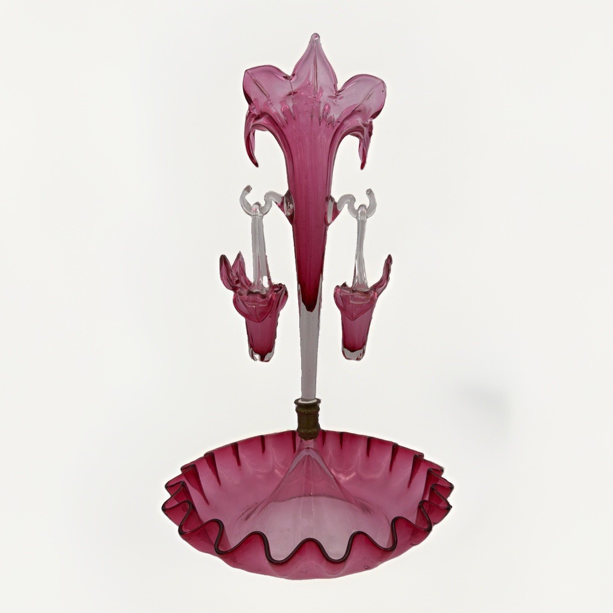 C1890s Victorian Cranberry & Clear Glass Epergne Vase w/ 3 Flutes