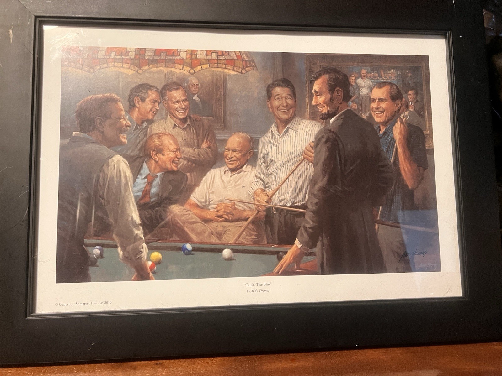 “Callin’ The Blue” Signed Framed Art By Andy Thomas US Presidents Playing Pool