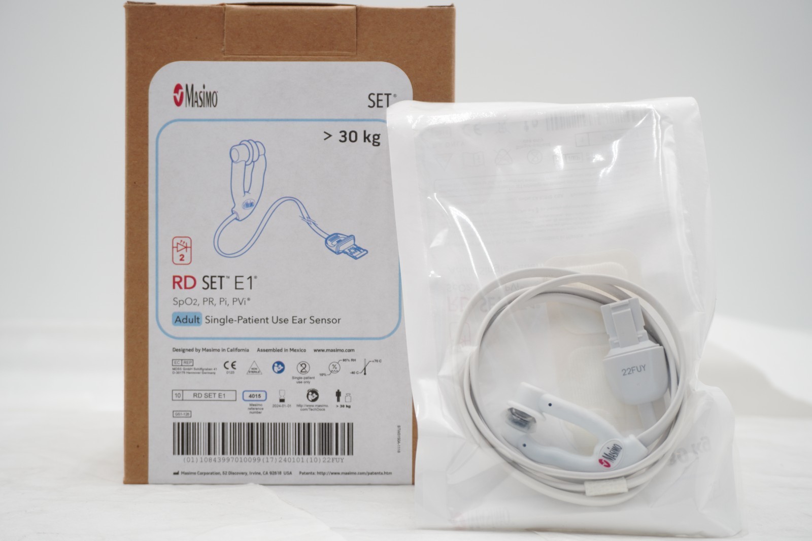 Box/10 Sensors,  Masimo RD SET E1 SpO2 PR Pi PVi Adult EAR Sensor REF 4015