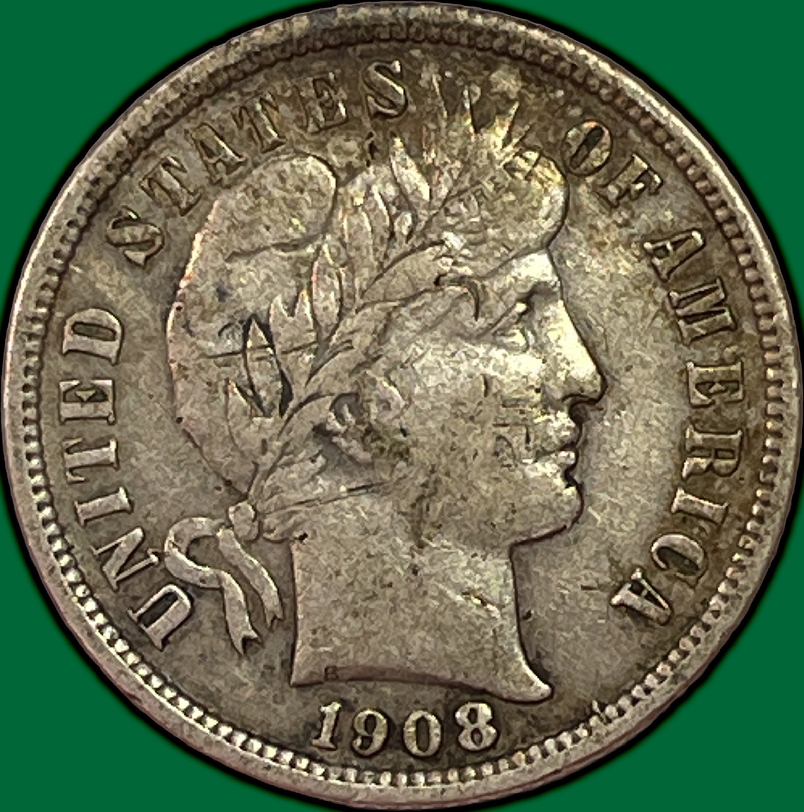 1908-S Barber Dime Extremely Fine XF Coin, Scratch #45963