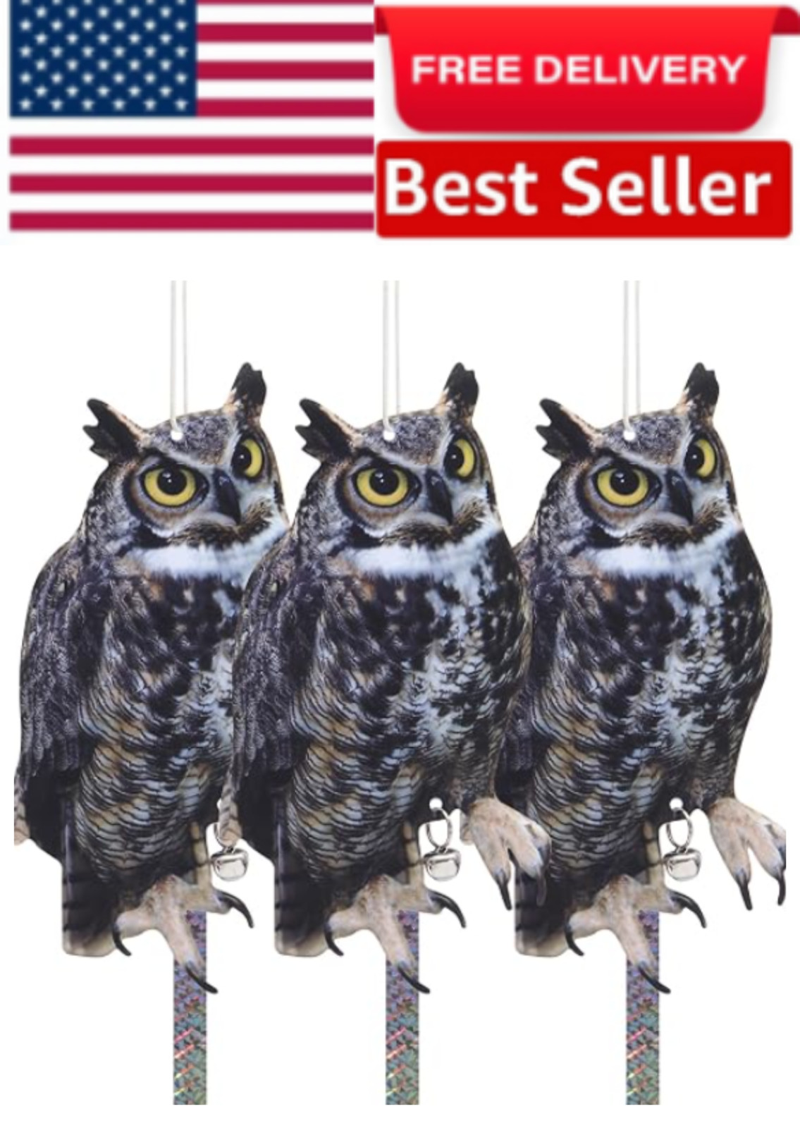 Fake Owl Decoy to Scare Birds, 3 Pack Fake Owl Hanging Effective Bird Control D