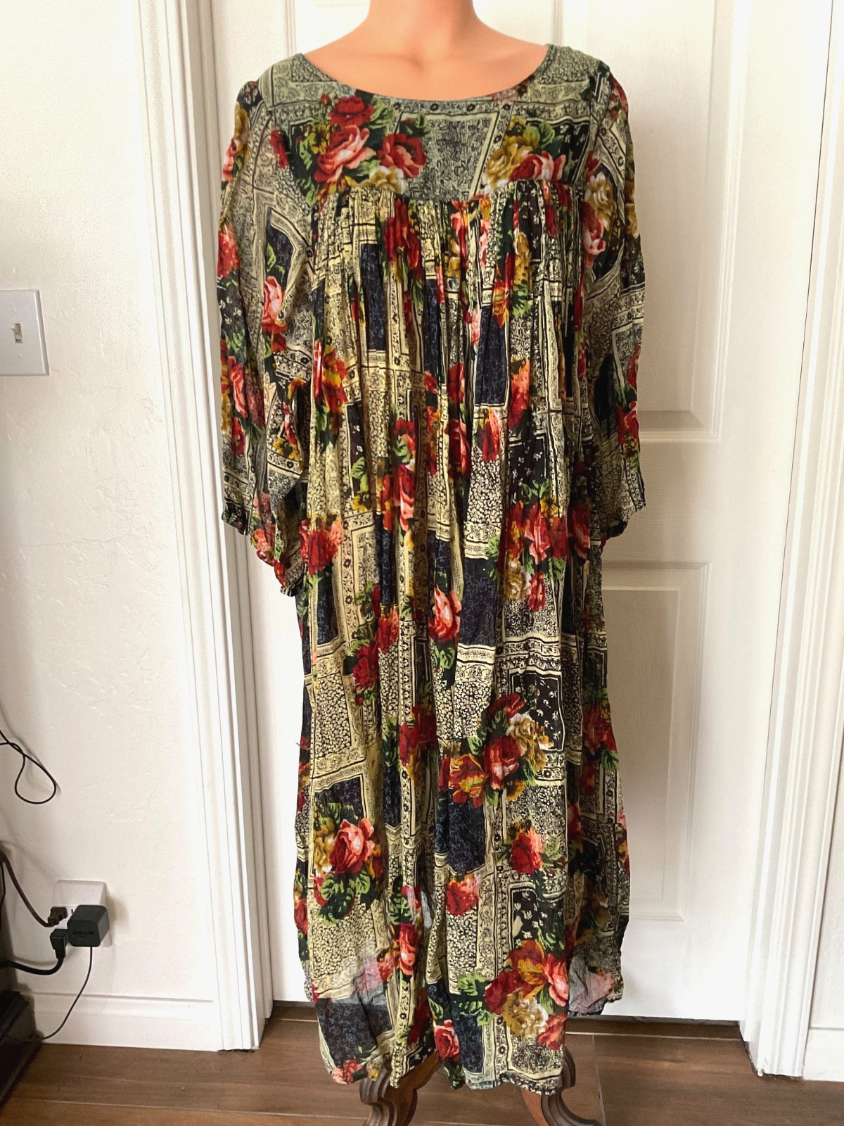 Patchouli Trapeze Tent Caftan Maxi Dress Sheer Cotton 1990s India Size Large Patchouli Trapeze Tent Caftan Maxi Dress Sheer Cotton 1990s India Size Large