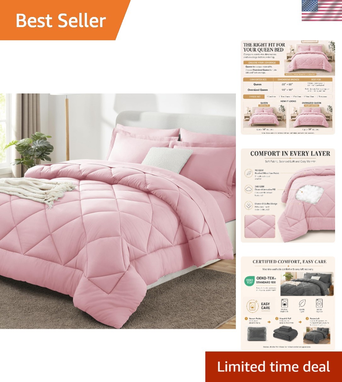Elegant 7-Piece Queen Comforter Set - Pink Bed in a Bag, Oeko-Tex Certified