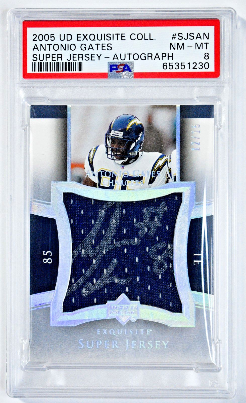 2005 UD Exquisite Collection Antonio Gates Super Jersey Auto /15 SSP PSA 8 NM-MT