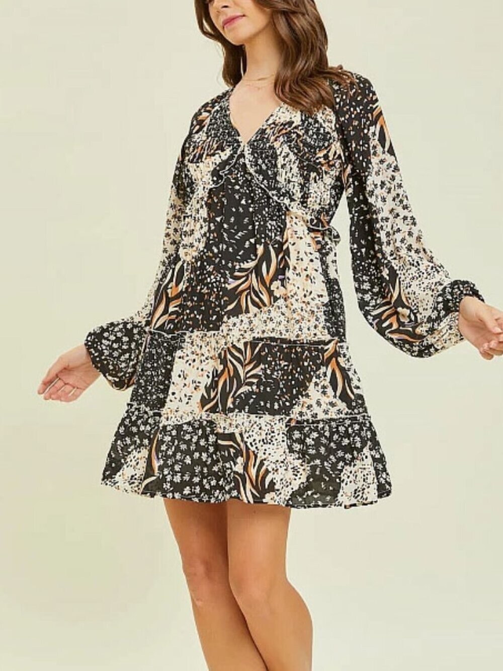 Heyson Black Multi Mixed Print V Neck Smocked Mini Dress