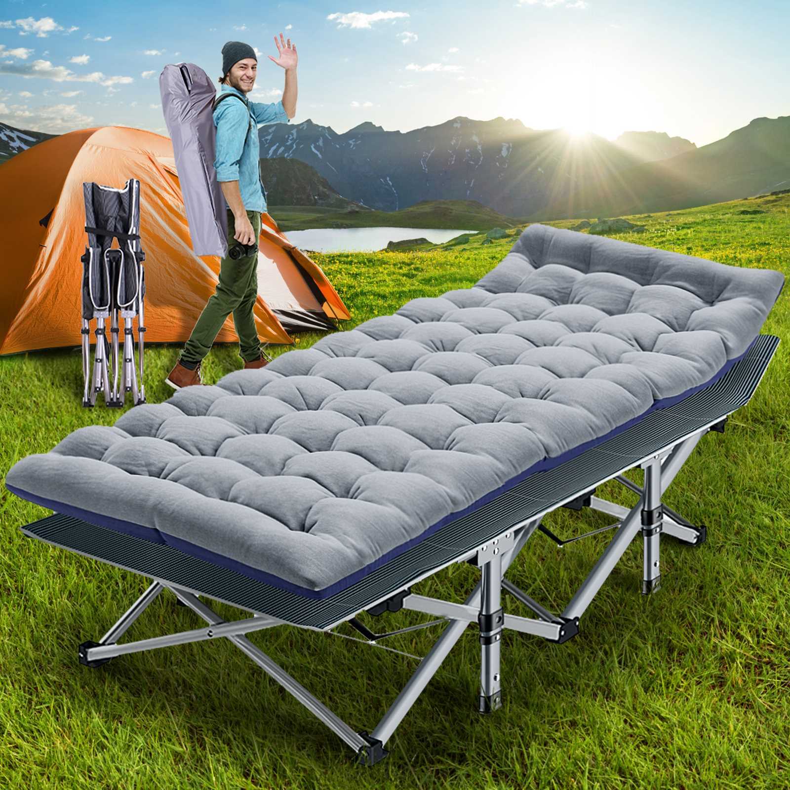 Adults Folding Camping Cots Durable Military Heavy Duty Sleeping Bed W/Mattress