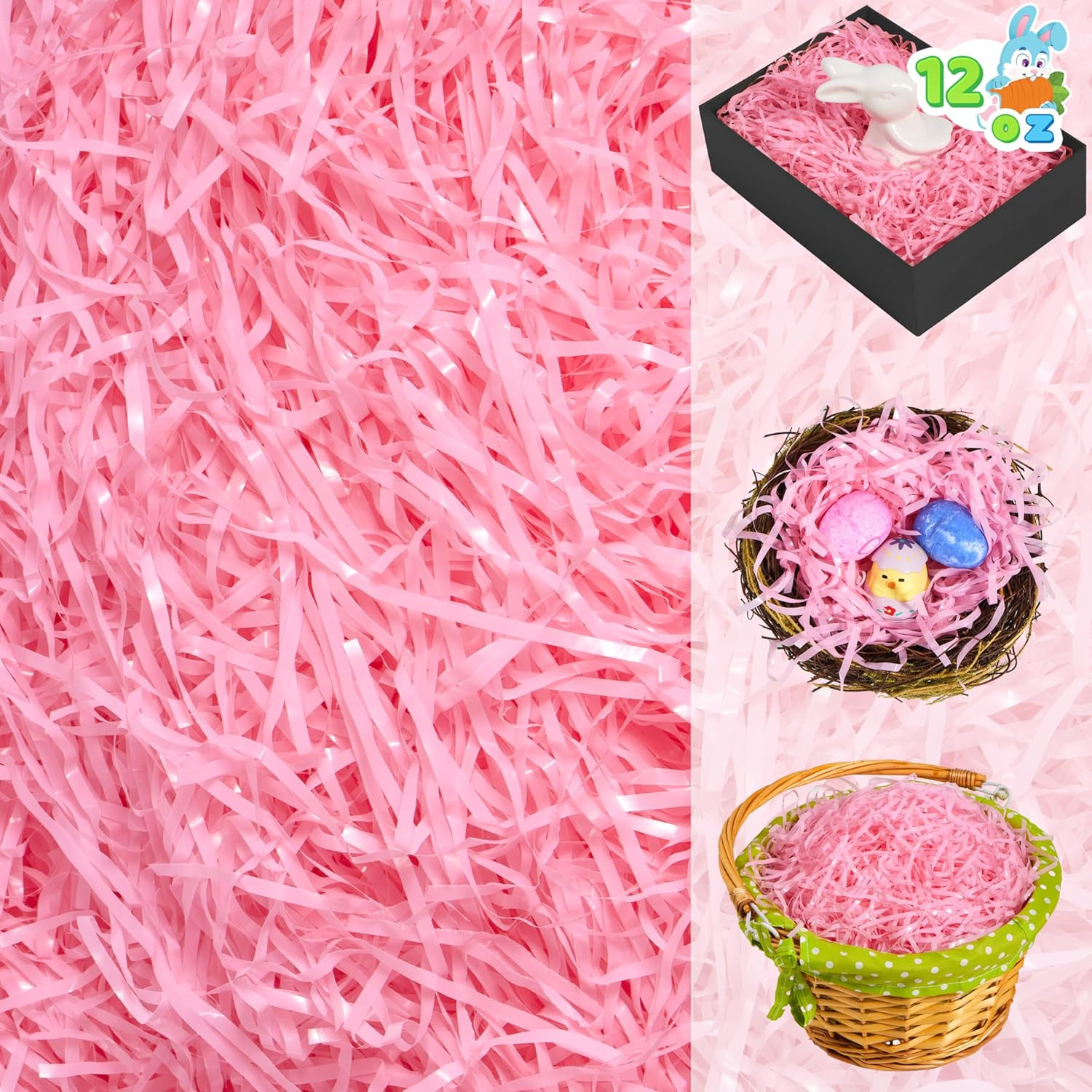 12oz Pink Easter Grass Plastic Shred Filler for Egg Hunt, Baskets, Gifts & Decor