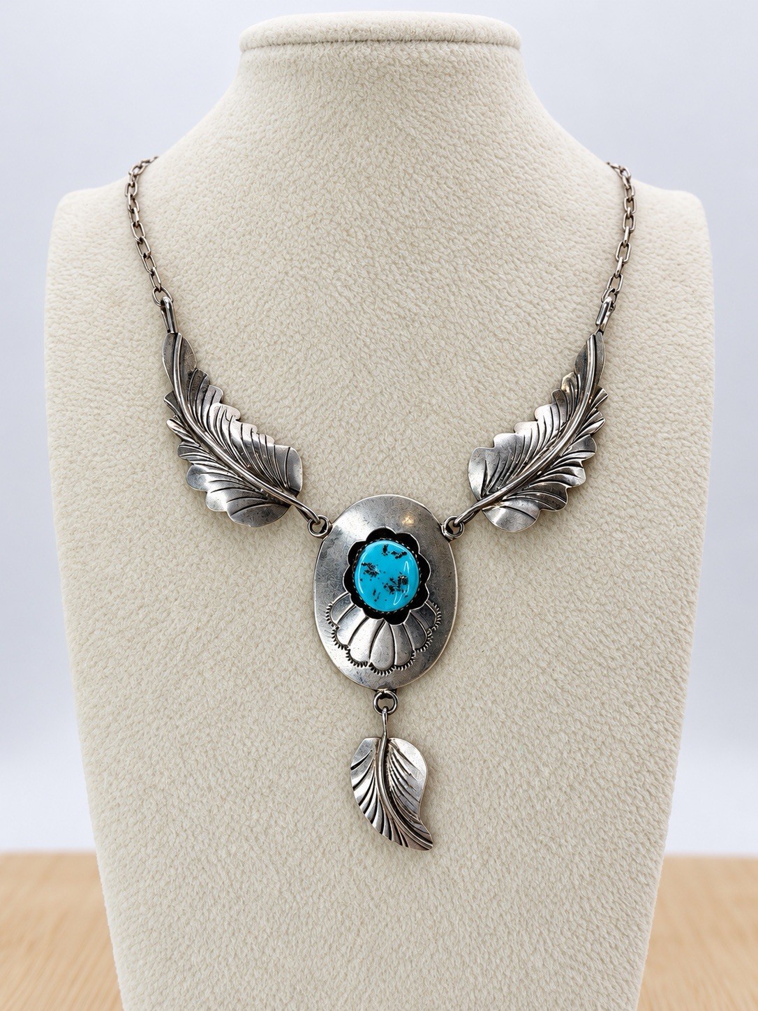 Vintage Native American Sterling Silver Turquoise Feather Necklace 18g