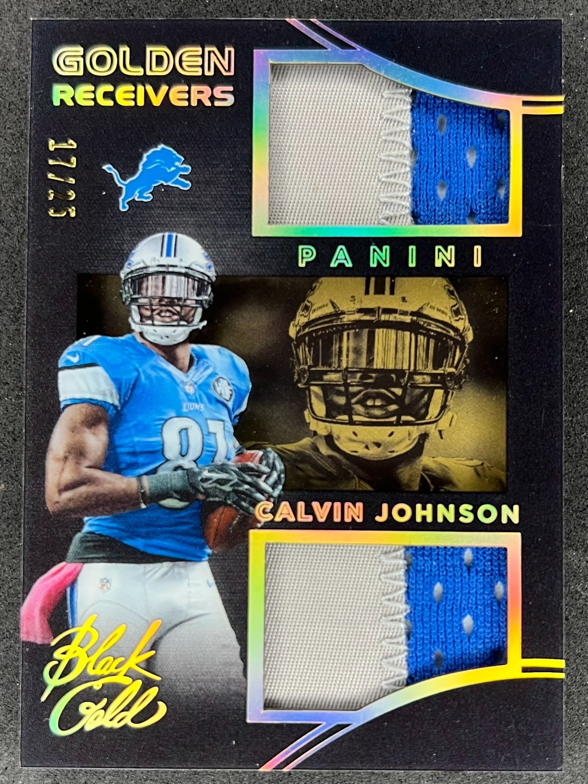 2014 Panini Black Gold #REC-CJ Calvin Johnson Dual Jersey Patch Relic /25 2014 Panini Black Gold #REC-CJ Calvin Johnson Dual Jersey Patch Relic /25