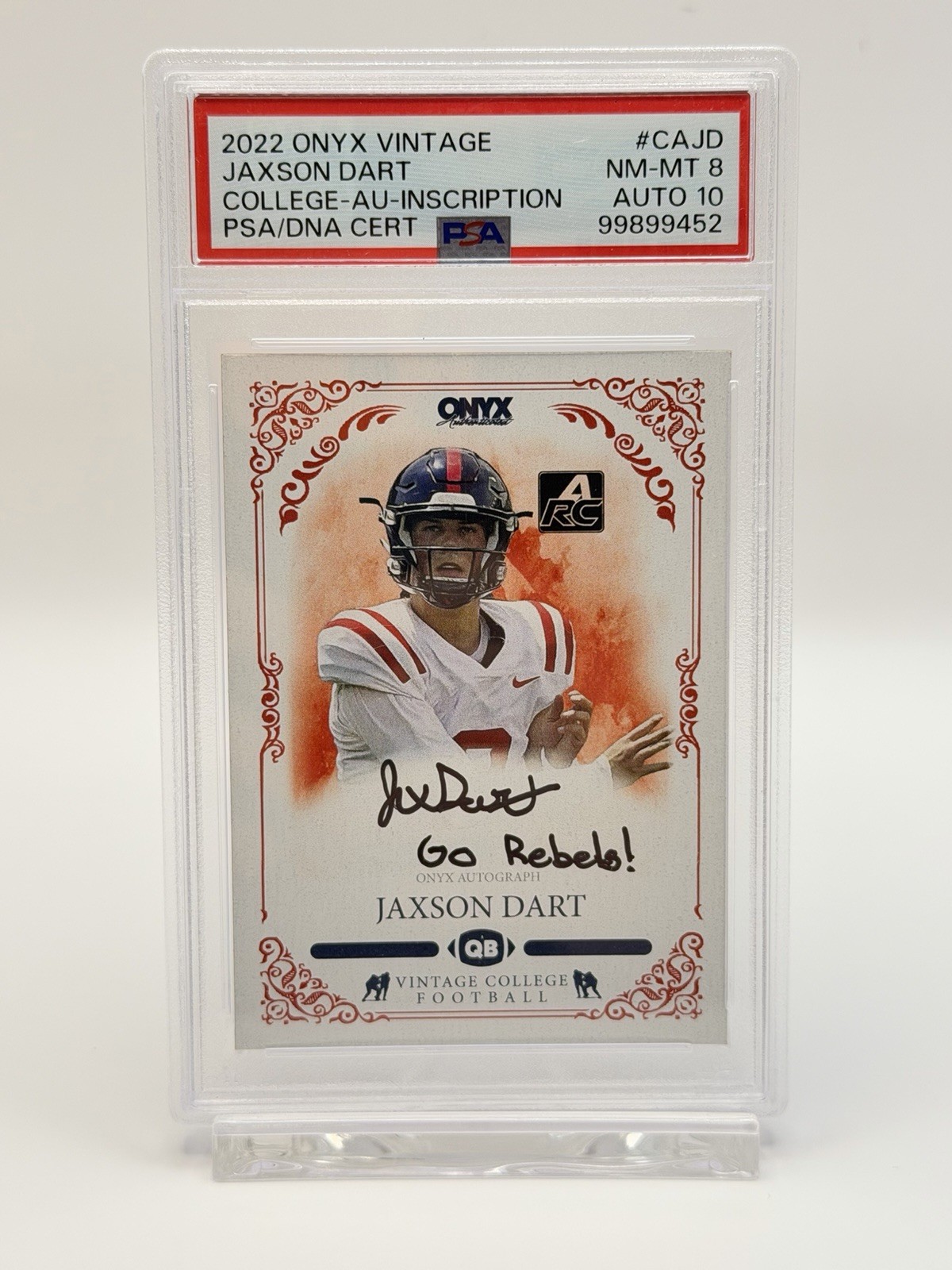 Jaxson Dart - RARE 2022 Onyx Vintage OnCard Auto Black Ink PSA 8 | 10Auto #1/12 Jaxson Dart - RARE 2022 Onyx Vintage OnCard Auto Black Ink PSA 8 | 10Auto #1/12