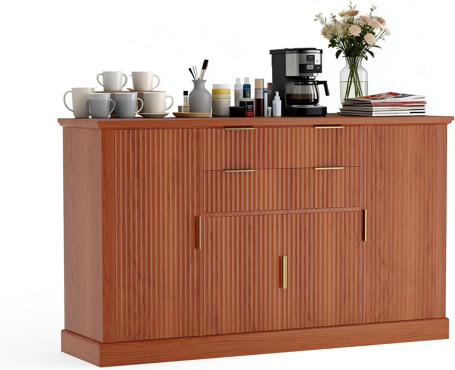 4 Door 2 Drawer Fluted Buffet Cabinet,Adjustable Shelf Sideboard for Dining Room