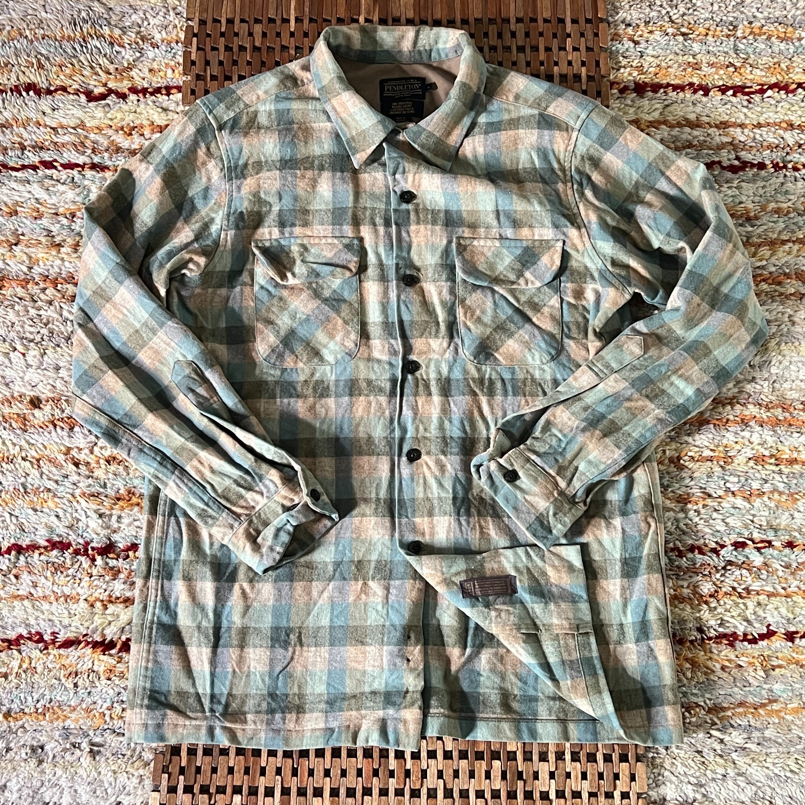 Pendleton Archives Board Shirt Wool Button Down Green 1979 Surf Plaid Large L