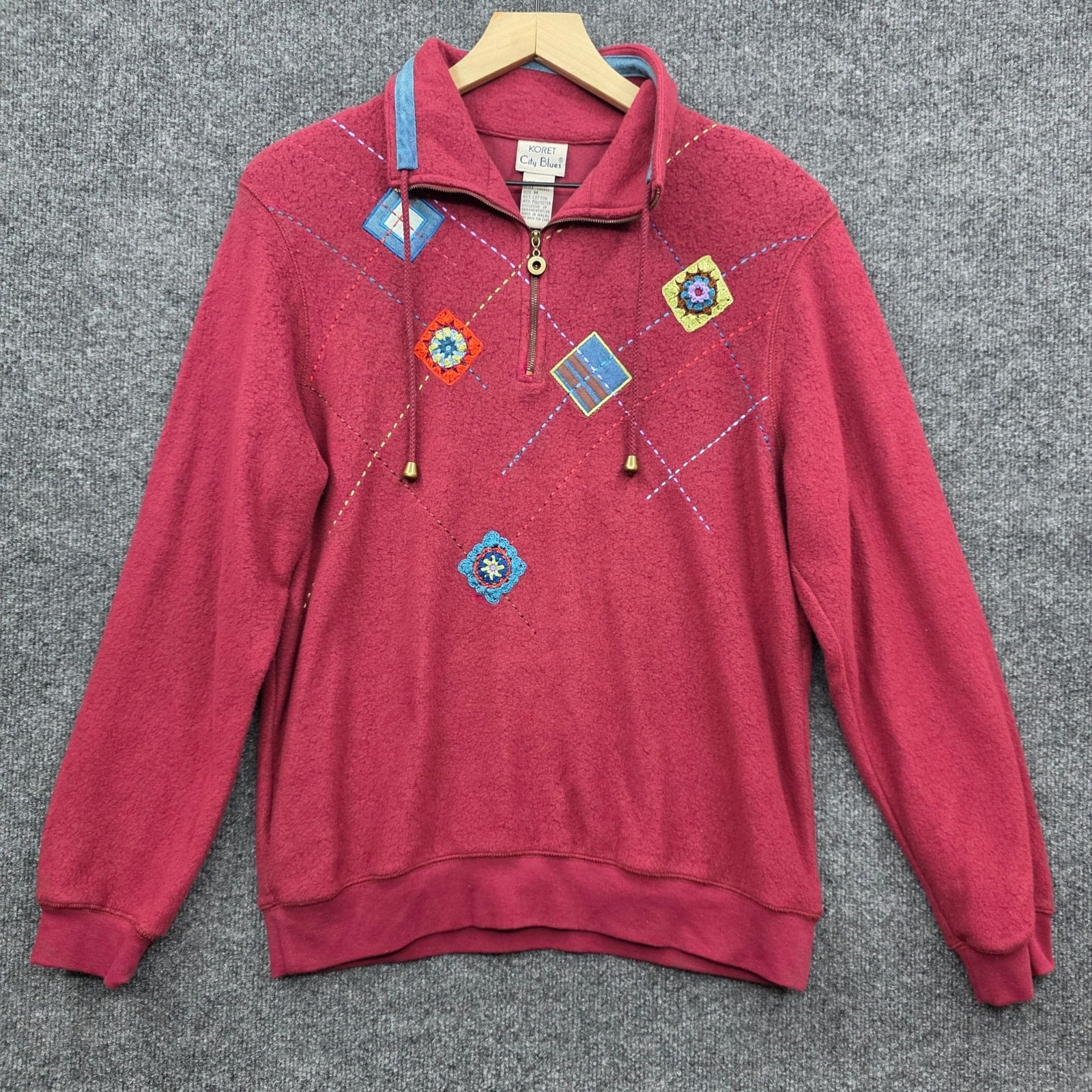 Vintage Koret Quarter Zip Pullover M Red Cottagecore Crochet Patch Folk Art Boho